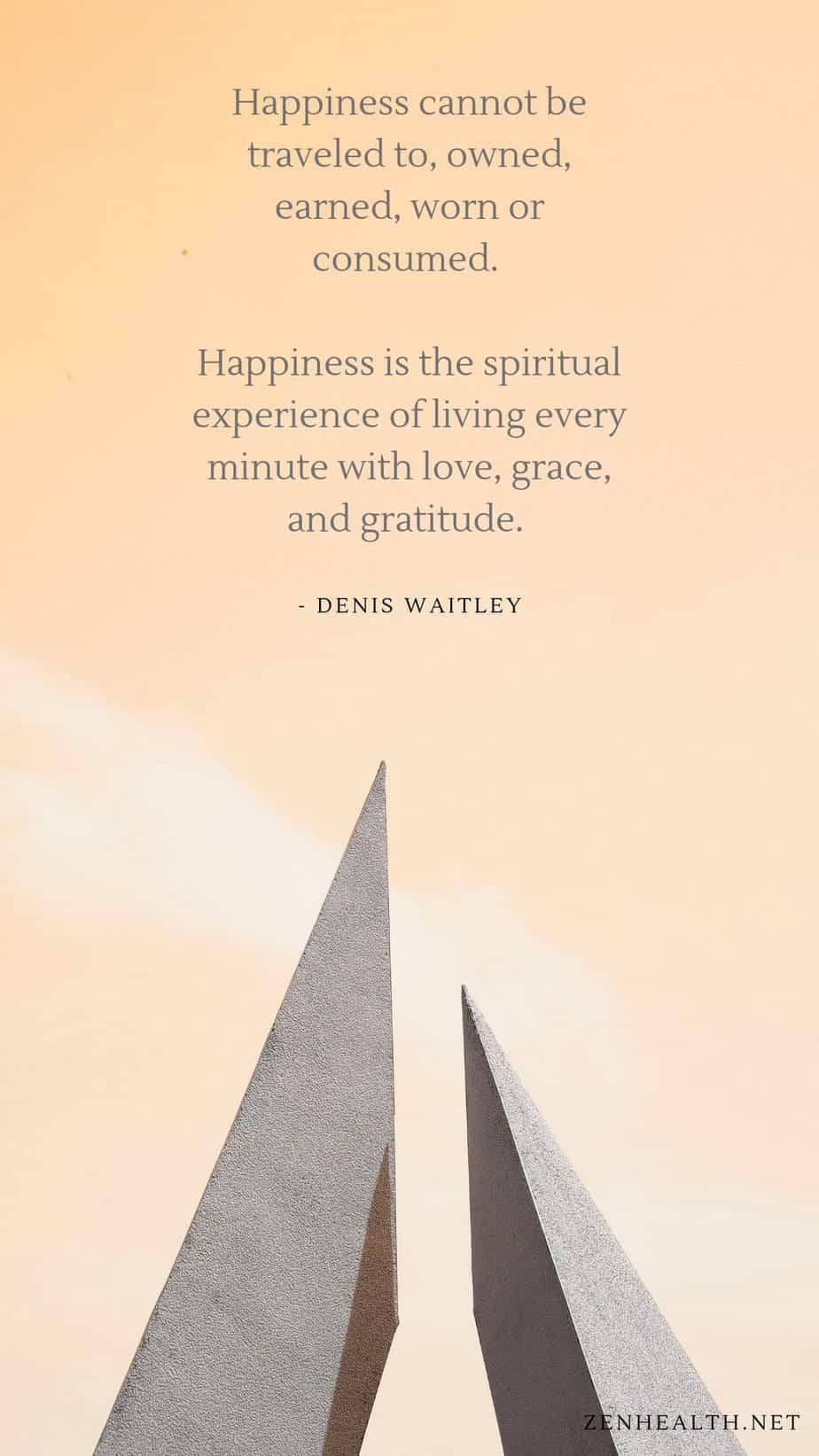 Happiness cannot be traveled to, owned, earned, worn or consumed. Happiness is the spiritual experience of living every minute with love, grace, and gratitude. - Denis Waitley