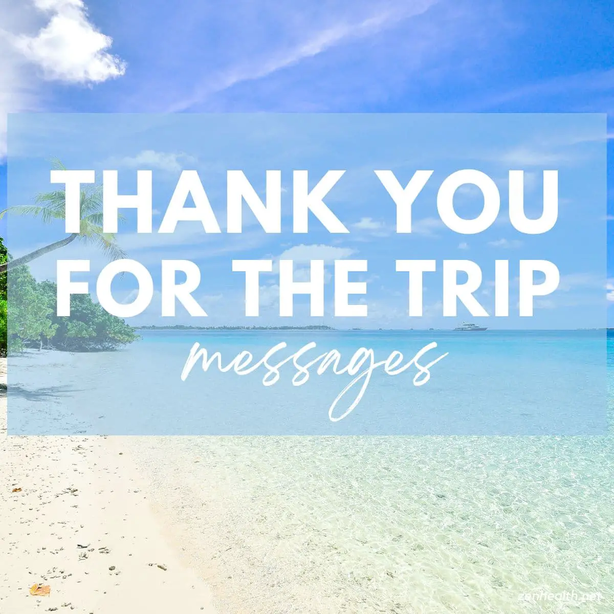 thank you for the trip messages text overlay on a photo of a beautiful beach with trees on the left side
